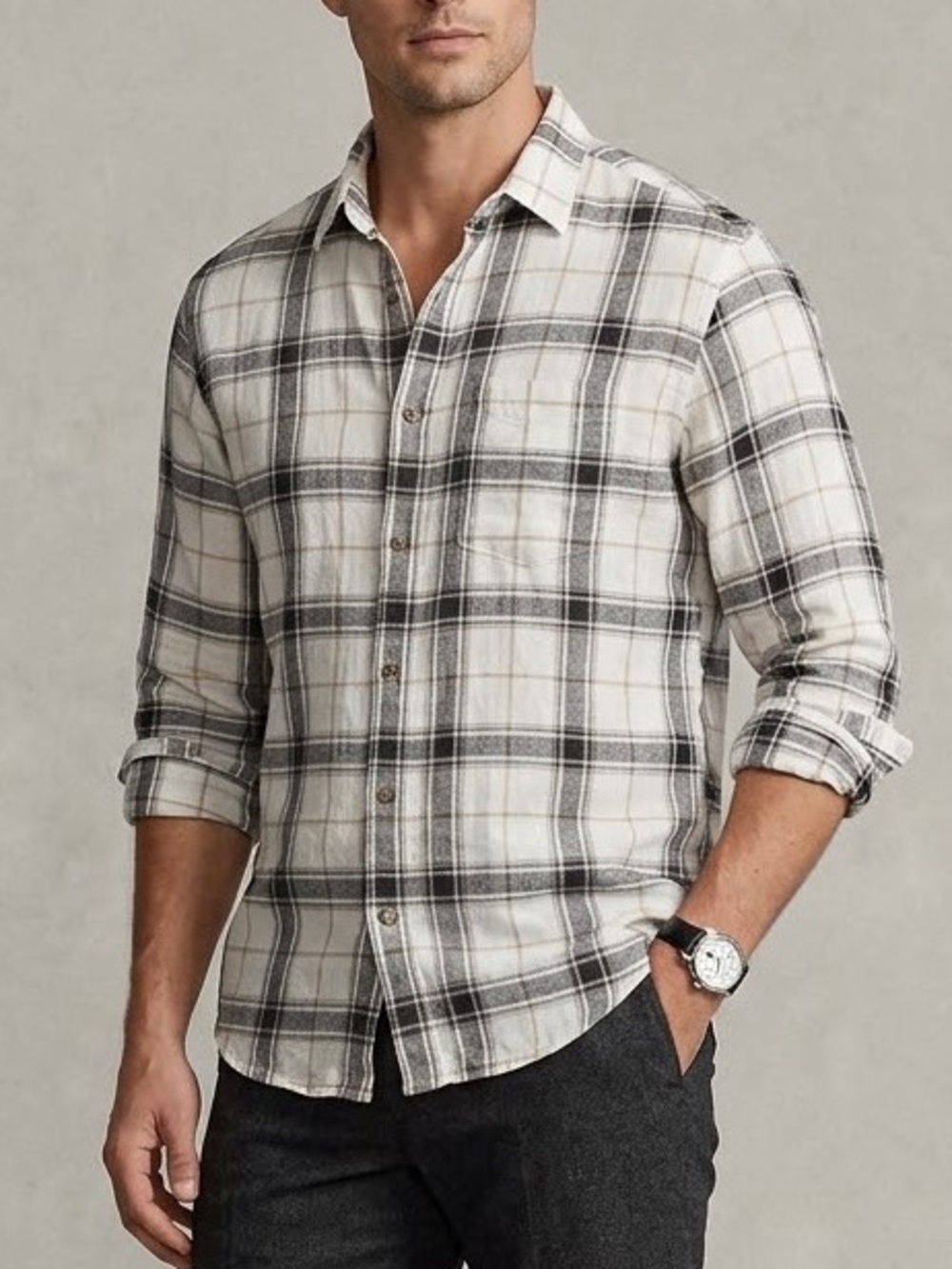 Old Navy Button Down Shirt Mens XL White Black Plaid Linen Blend Regular Fit